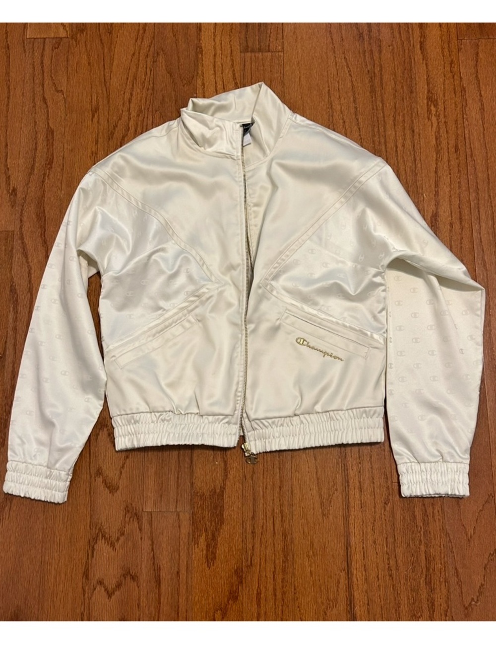 Champion Satin Cream Zip-Up Jacket Monogram Logo Cropped Fit Size S - Picture 2 of 9
